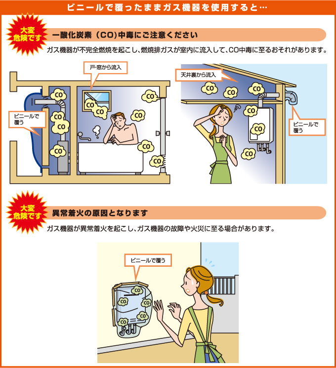 ビニールで覆ったままガス機器を使用すると大変危険です。一酸化炭素中毒にご注意ください。ビニールで覆ったままガス機器を使用すると大変危険です。異常着火の原因となります。