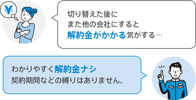 切り替える後にまた他の会社にすると解約金がかかる気がする… わかりやすく解約金ナシ 契約期間などの縛りはありません。